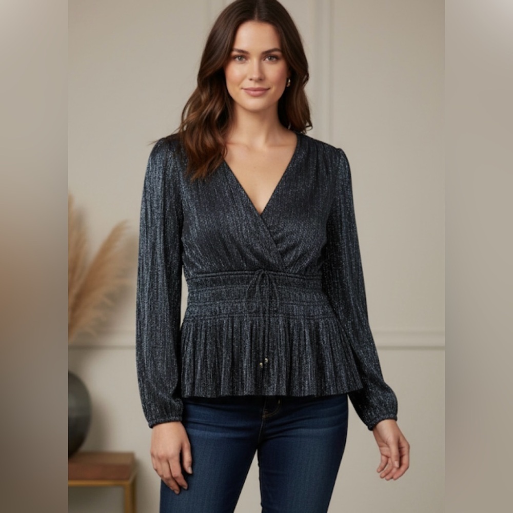 White House Black Market Black Long Sleeve Smocked Blouse